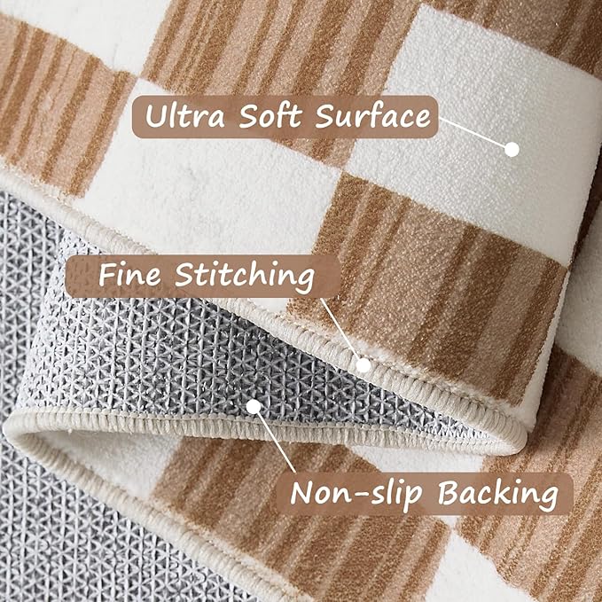 jinchan Runner Rug 2x6 Hallway Washable Modern Checkered Geometric Lattice Kids Bedroom Rug Indoor Floor Cover Non Slip Soft Carpet for Nursery Room Kitchen Laundry Room Home Brown