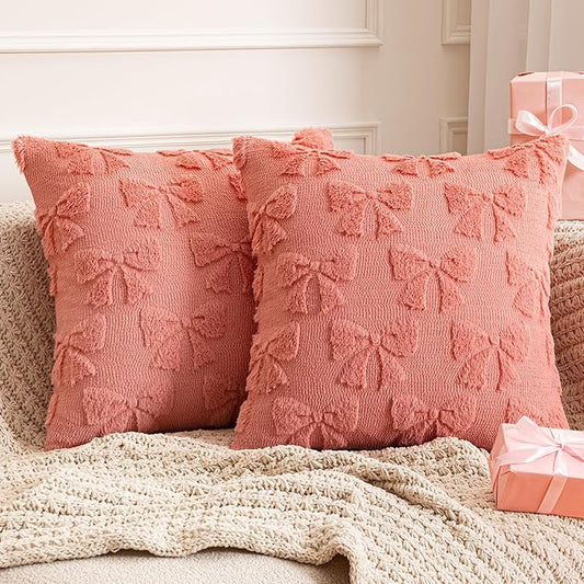 MIULEE Coral Red Bow Pillow Covers Coquette Room Decor Aesthetic Set of 2 Decorative Cute Girl Throw Pillow Soft Plush Faux Pillowcase for Girl Bed Couch Sofa,20x20 Inch