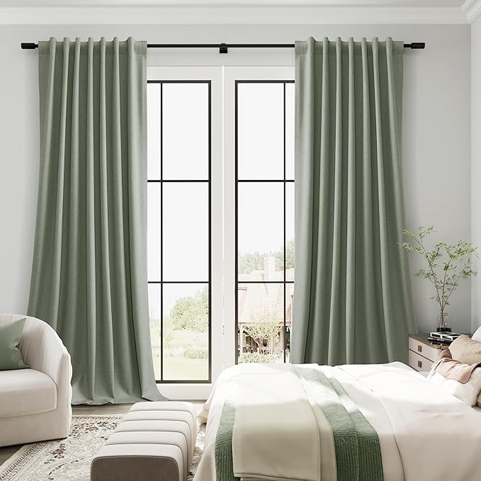 Sage Green 100% Blackout Linen Drapes Curtains for Living Room 84 Inch Length 2 Panels Set Farmhouse Elegant Back Tab Thermal Insulated Noise Cancelling Bedroom Dining Room 52x84 7Ft