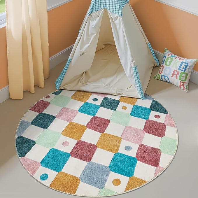 jinchan Macy Round Rug 5ft Kids Washable Rug Indoor Floor Cover Non-Slip Soft Elementary School Classroom Modern Colorful Diamond Carpet for Nursery Daycare Playroom Living Room Confetti on Cream