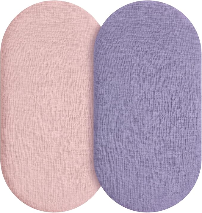Muslin Bassinet Sheets Boy Girl, 100% Cotton Fitted Bassinet Sheet Set 2 Pack Bassinet Mattress Sheets Universal Fit for Rectangle, Round, Oval, Hourglass Mattress, Soft Breathable