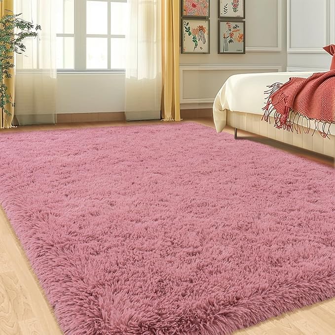 Fluffy Blush Pink Area Rug for Bedroom, 5x7 Soft Fuzzy Shag Rug for Living Room, Thick Comfy Throw Plush Rug for Girls Kids Room, Non-Slip Modern Indoor Shaggy Floor Carpet for Nursery Dorm Home Decor