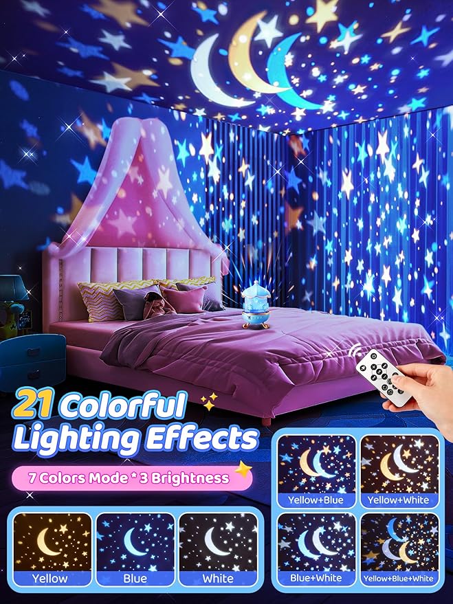 Snow Night Light for Kids, 15 White Noise+16 Films+336 Colors Star Projector for Kids, 360°+Remote+Cordless Baby Night Light Projector, Princess Toys for Girls Room Decor Light Up Christmas Decor