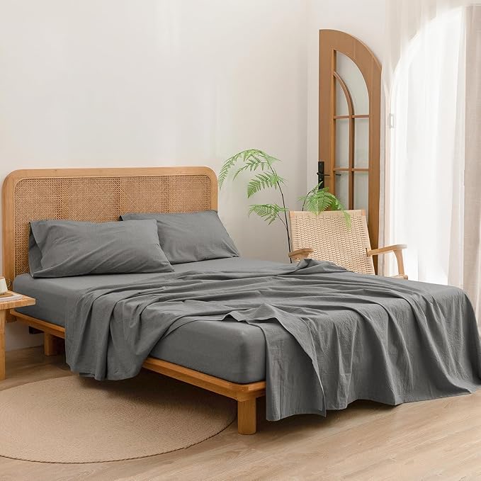 BESTOUCH Sheet Set 100% Washed Cotton Linen Feel Super Soft Comfortable Chic Lightweight 4 Pcs Home Bedding Set Solid Dark Grey Full