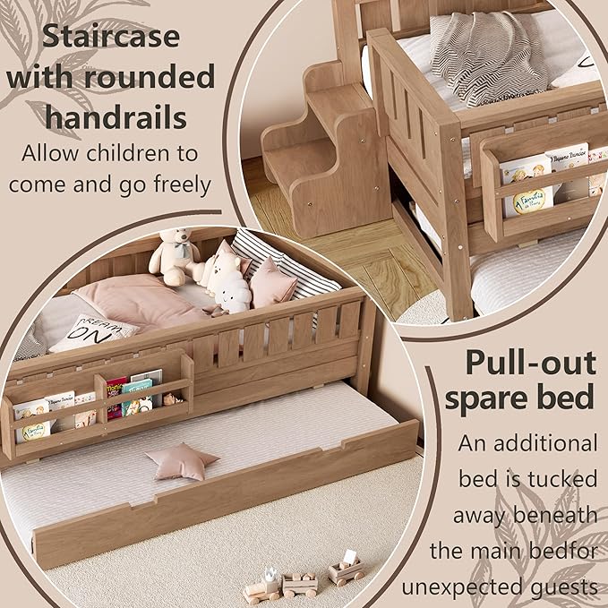 Bellemave Twin Bed with Trundle Twin and Stairs, Twin Size Platform Bed Frame with Fence and Bookshelf, Easy Assemble Beds for Kids, Girls, Boys, Natural