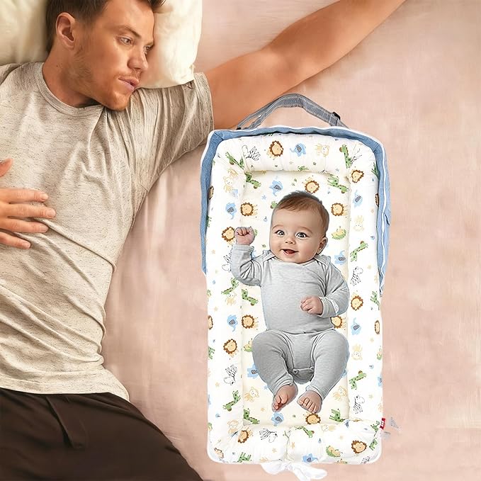 Baby Lounger for Newborn Portable Bag,Baby Nest Play Gym mat with Strap,Newborn Lounger Adjustable Size & Inner Zipper Lengthen Space to 24 Months,Animal World Blue