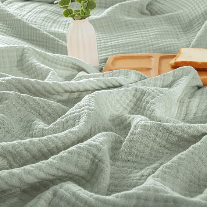 PHF 100% Cotton Muslin Throw Blanket 50" x 60", 4-Layer Lightweight Gauze Throw, Breathable Cloud-Soft Minimalist Blanket for Bed, Couch, Camping & Baby, Sage Green, Ideal Gift