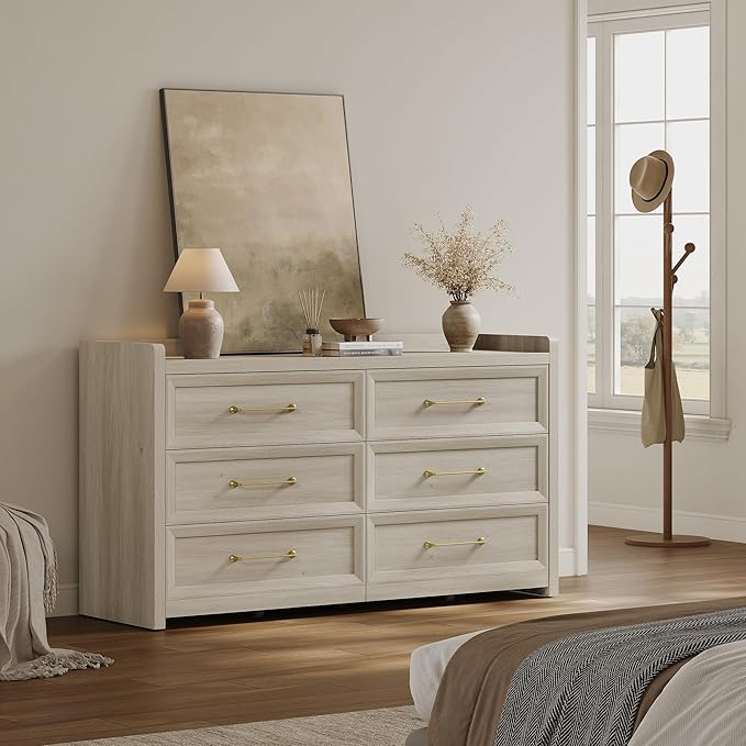 SICOTAS 6 Drawer Dresser for Bedroom-112.8" Extra-Wide Wooden Chest of Drawers with Large Storage, Long Dresser TV Stand with Drawers, Farmhouse Closet Dressers for Nursery, Grey White Oak, 2PCS