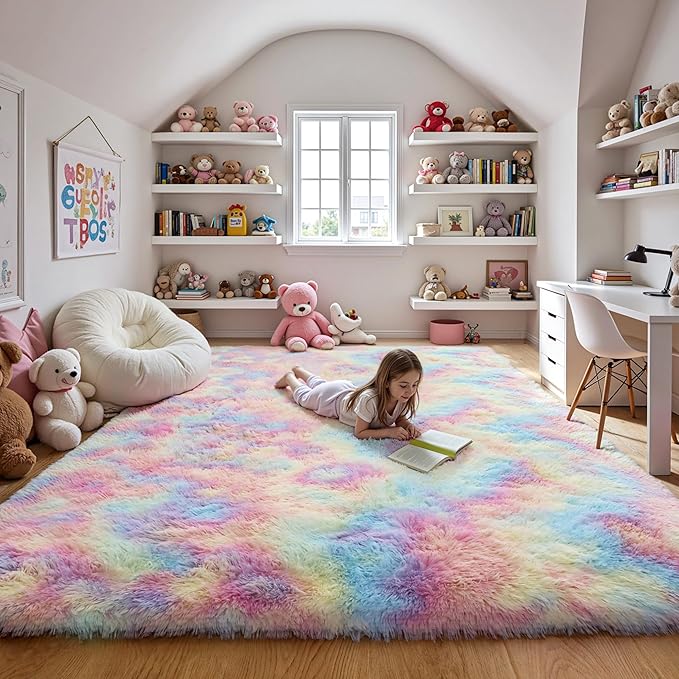Fluffy 8x10 Large Area Rugs for Girls Bedroom Living Room, Rainbow Soft Washable Shag Carpet for Kids Room, Nursery, Dorm Decor, Colorful Cute Plush Fuzzy Rugs for Baby Toddler