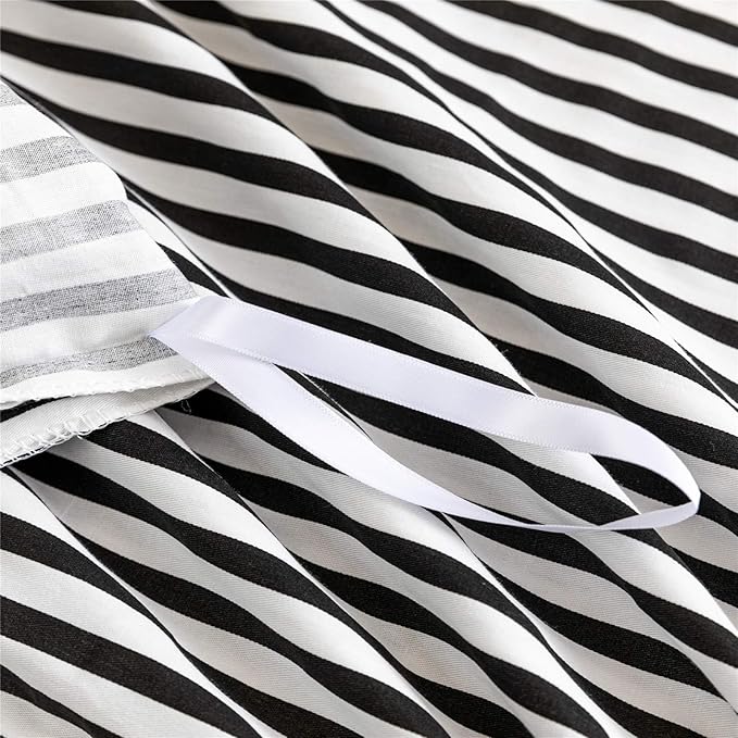 JELLYMONI 100% Natural Cotton 3pcs Striped Duvet Cover Sets,White Duvet Cover with Black Stripes Pattern Printed Comforter Cover,with Zipper Closure & Corner Ties(Full Size)