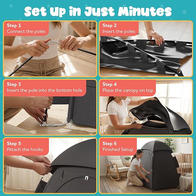YoungMinds Blackout Baby Crib Tent - Waterproof Sleep Pod Fits for Travel Pack and Play, Milk Silk Fabric, Kids Black Out Cover Mosquito Net Tent with Toy Holder, Pack N Play Canopy Blocks Light