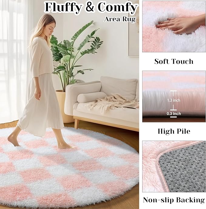 KICMOR Pink Round Rugs 5ft for Girls Bedroom, Fluffy Soft Checkered Circle Area Rug Cute Fuzzy Shag Shaggy Living Room Carpet, Indoor Plush Circular Rug for Kids Room Nursery Home Decor Aesthetic