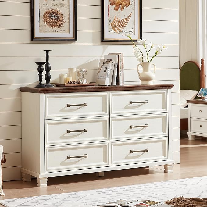 Farmhouse Wood 6 Drawer Dresser Set of 2, 54 inch Wide Large Vintage Chest of Drawers for Bedroom, Rustic Dressers TV Stand with Square Solid Wooden Legs for Living Room, Hallway, White
