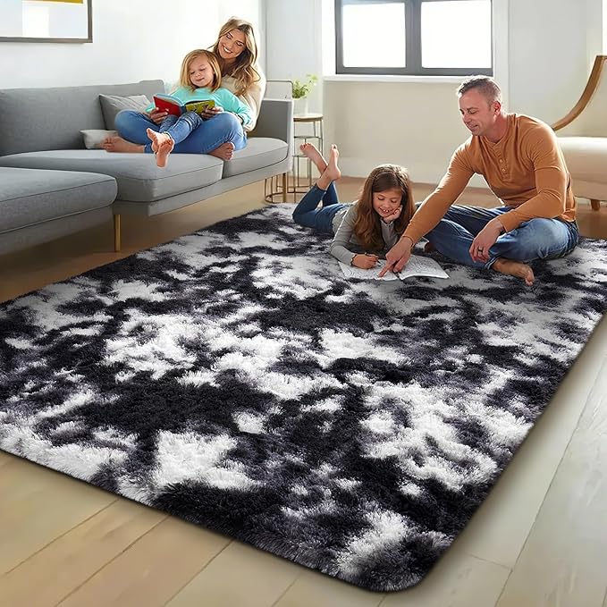 Ophanie Black and White Rugs for Living Room Bedroom, 5x8 Fluffy Fuzzy Furry Carpet, Plush Soft Shaggy Bedside Indoor Floor Area Rug for Kids Girls Boys Baby Teen Dorm Nursery Home Decor Aesthetic