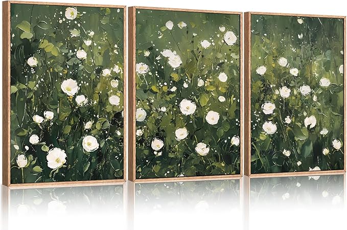 HLNIUC Green White Floral Framed Wall Art Set, Abstract Flower Canvas Wall Decor, Modern Botanical Wall Painting, Blossom Landscape Art Print for Living Room, Bedroom, Office - 16"x24"x3