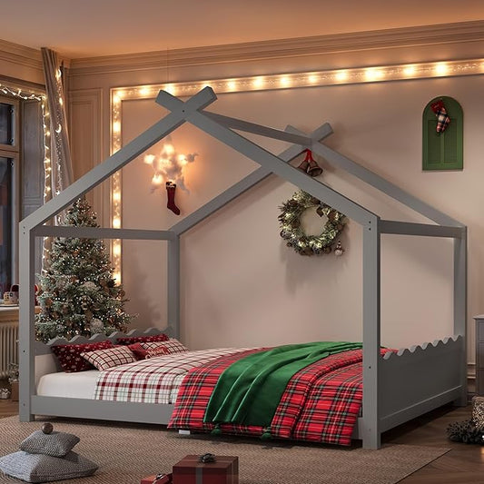 Queen Size Wooden House Floor Bed - Kids Bed Frame with Roof & Support Slats for Bedroom, No Box Spring Needed, Easy Assembly (Grey)