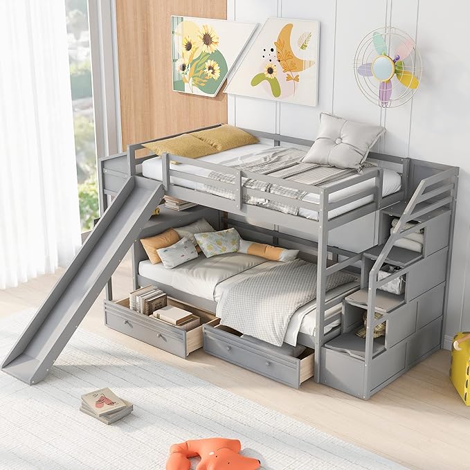 Twin Over Twin Bunk Bed with Storage Staircase and Slide, Wooden Bunk Bed Frame with Desk and Drawers, Multifunctional Bunk Bed for Kids Teens Adult Bedroom (Gray + Pine-Twin-04)