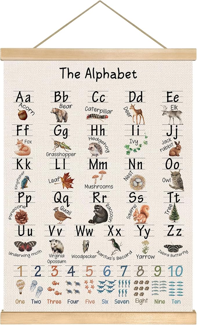 You found a duck The Alphabet and Numbers Linen Canvas Wall Art Poster 18.5x14 Inch, Educational Numbers 1-10 and 26-Letter Learning Chart for Kids, Nature Animal Classroom Nursery Playroom Decor