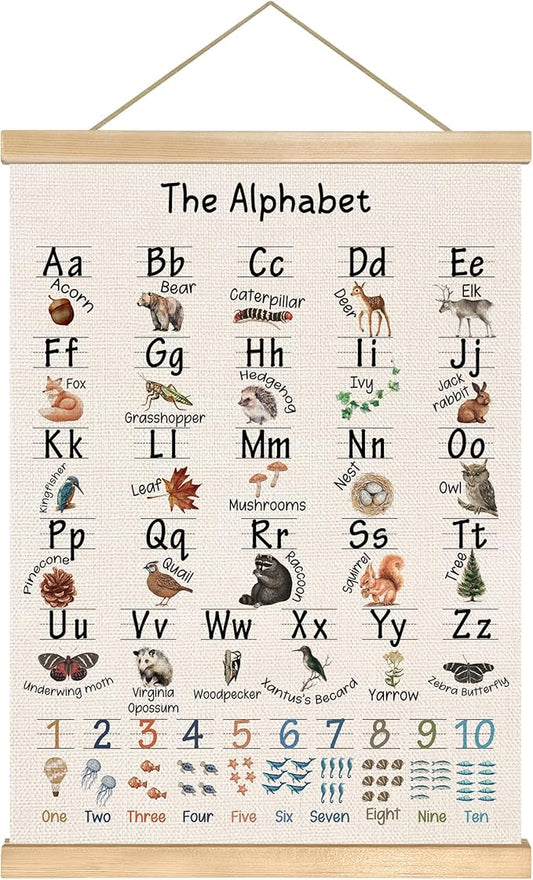 You found a duck The Alphabet and Numbers Linen Canvas Wall Art Poster 18.5x14 Inch, Educational Numbers 1-10 and 26-Letter Learning Chart for Kids, Nature Animal Classroom Nursery Playroom Decor