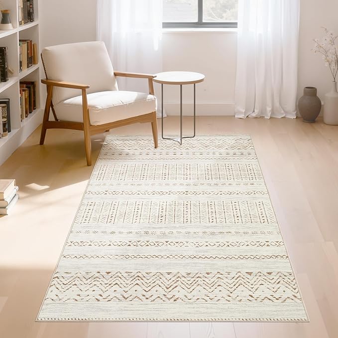 Area Rugs for Living Room Washable Living Room Rug Soft Neutral Indoor Floor Carpet Non-Slip Stain Resistant Modern Boho Rugs for Bedroom Dining Room Kids Room Nursery Office Home Brown Cream