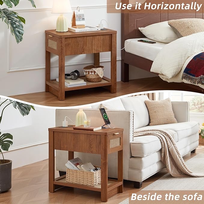 Lerliuo Narrow Night Stand Set of 2 with Charging Station, Boho Nightstand with Drawer, Bed Side End Table with Rattan Shelf for Small Spaces, Wood Nightstands Bedside Tables for Living Room Bedroom