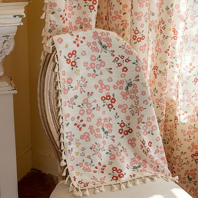 OYX Pink Boho Farmhouse Floral Curtains 96 Inch Long 2 Panels For Living Room, Flower Girl Bedroom Light Filtering Drapes, Vintage Country French Patterned Rod Pocket Aesthetic Decor Window Treatments