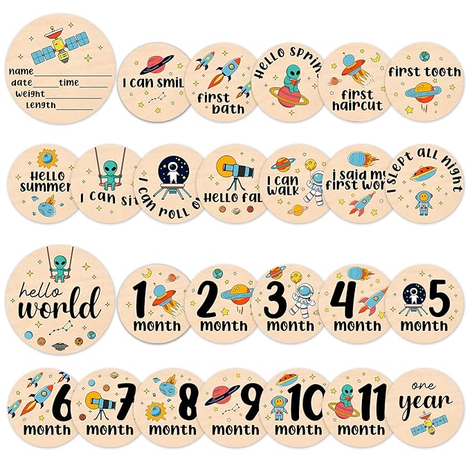 Baby Milestone Cards - Space Adventure Baby Monthly Milestone Signs, Rocket & Planet Wooden Signs Discs for Photo Props, "Hello" Newborn Announcement Sign with Astronaut,Baby Shower/Gift Set(13pcs)