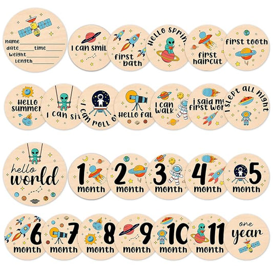 Baby Milestone Cards - Space Adventure Baby Monthly Milestone Signs, Rocket & Planet Wooden Signs Discs for Photo Props, "Hello" Newborn Announcement Sign with Astronaut,Baby Shower/Gift Set(13pcs)