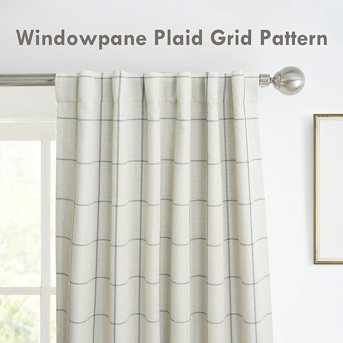 DriftAway 2 Panels 100% Blackout Windowpane Plaid Linen Curtains Double Layer Drapes for Bedroom 72 Inches Long Farmhouse Thermal Insulated 3.25 Inch Rod Pocket Back Tab for Living Room Gray