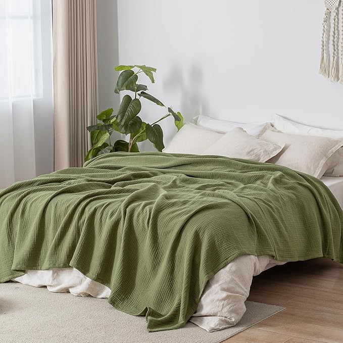 PHF 100% Cotton Muslin Blanket Queen Size 90"x90", 4-Layer Lightweight Gauze Throw, Breathable Cloud-Soft Minimalist Blanket for Bed, Couch, Camping & Baby, Olive Green, Ideal Gift