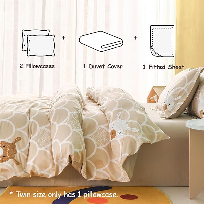 Simple&Opulence 100% Organic Cotton Duvet Cover for Kids Teens, 3 Pieces Soft Comforter Cover with Zipper Closure Boy Girl Warm Adorable Bedding Set - Alpaca, Twin