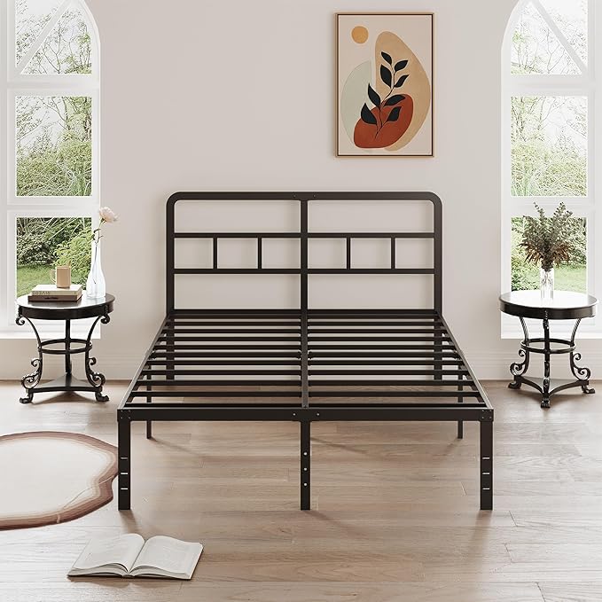 16 Inch Queen Bed Frame with Headboard No Box Spring Needed, Heavy Duty Metal Queen Size Platform with Steel Slat, Mattress Foundation, Easy Assembly, No Noise, Black