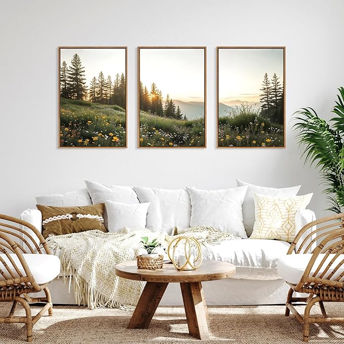 FWIEXA Green Forest Mountain Framed Canvas Wall Art Set, Wildflower Meadow Wall Decor, Floral Pictures Artwork, Nature Sunset Landscape Art Prints for Living Room, Bedroom, Office - Size 24"x36"x3