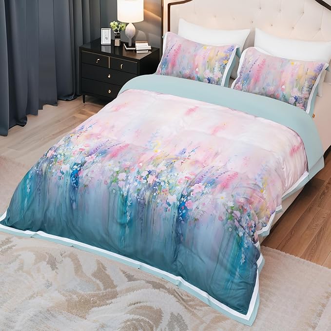 MAGRACE Watercolor Printed Duvet Cover Set Queen Size - Impressionist Floral Bedding in Washed Fiber – Pastel Ombre Garden Print with Corner Ties & Zipper – Soft and Artistic