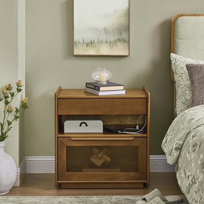 Mid Century Modern Nightstand with Charging Station, Farmhouse End Table with Outlet Hole, 2 Drawers & Open Shelf, Glass Drawer Storage End Table for Bedroom, Living Room, Dorm