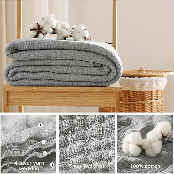 100% Cotton Muslin Blanket Twin XL Size 66" x 90" for Bed Couch Summer Gauze Blanket for Adults Lightweight and Breathable Grey