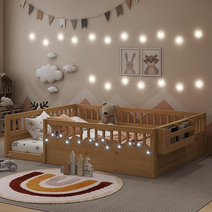 KEIKI Full Size Floor Bed w/Light & Storage, Wood Montessori Platform Bed Frame w/Safety Rails, Space Saving Kids Beds for Boys Girls Bedroom Playing Room, Easy Assembly Bedframe, Noise Free, Brown