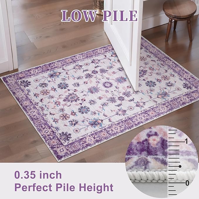 Tangsoo 4x6 Washable Area Rugs Non Slip, Boho Distressed Vintage Purple Floral Throw Rug for Bedroom Nursery, Soft Low Pile Floor Carpet Indoor Mat for Entrance Bedside Kitchen Office Farmhouse