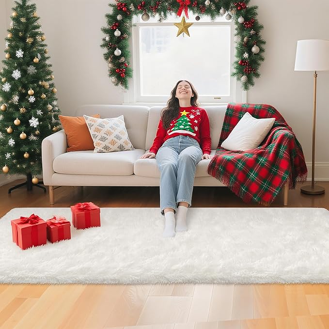 White Fluffy Runner Rugs for Bedroom Living Room Soft Shag Rug 2x8 Feet Plush Carpet Non Slip for Nursery Dorm, Fuzzy Bedside Rug Hallway for Kids Boys Girls Room Home Decor
