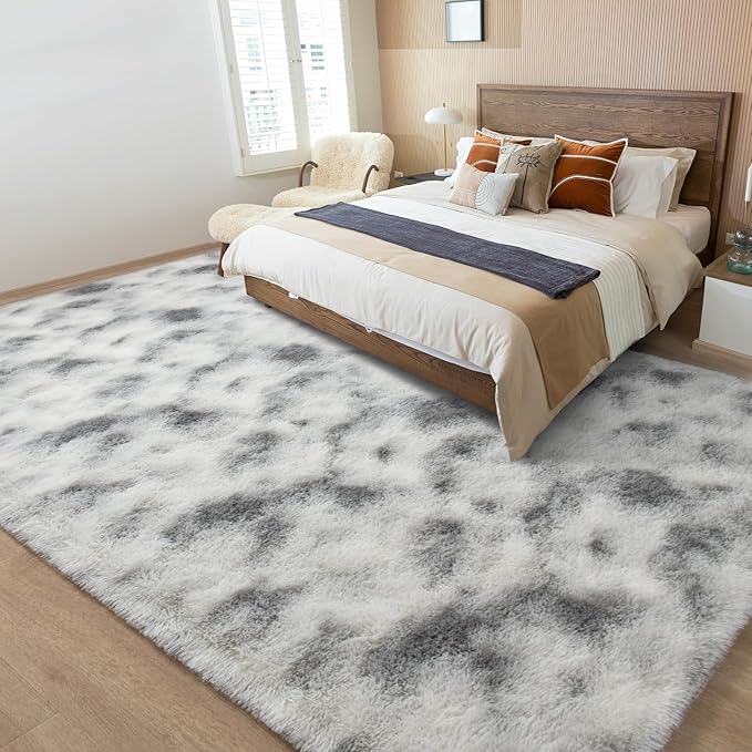 Merelax Soft Area Rugs for Livingroom Bedroom, Shaggy Plush Fuzzy Fluffy Carpet Furry Fur Rug, Modern Indoor Comfy Nursery Kids Dorm Home Decor Floor Mat, 5 x 8 ft, Tie-Dyed Grey & White