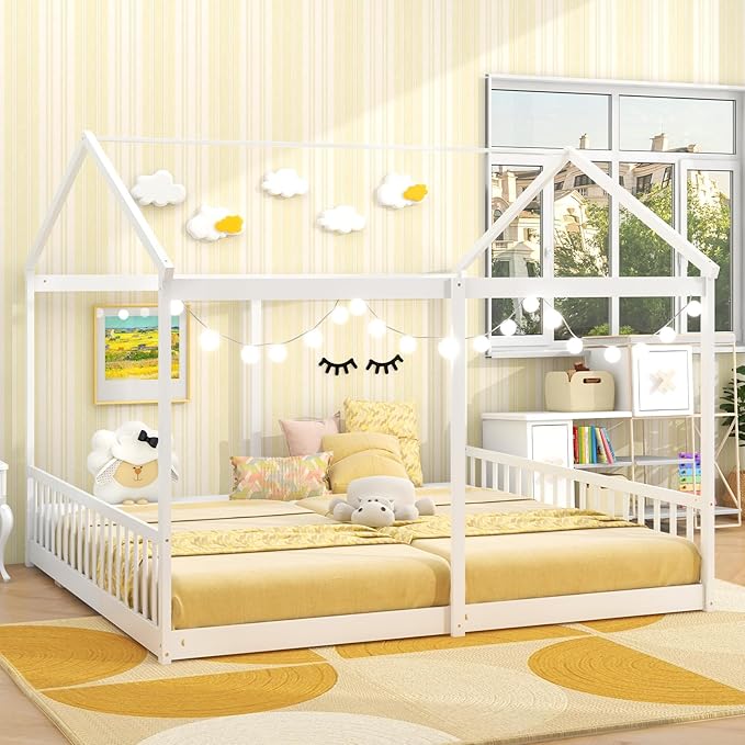 Giantex Double Twin Floor Beds for 2 Kids, Wood Montessori Bed with Fence & Roof, Wooden Slat Support, Easy Assemble, No Box Spring Needed, for Twins, Girls, Boys, White