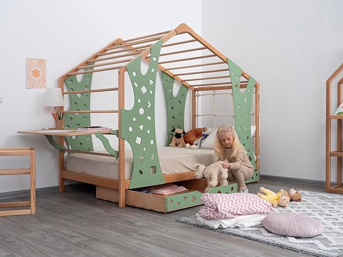 BUSY WOOD Monkey Bed – Twin Frame with Storage & Foldable Table – Montessori Indoor Playground – Jungle Gym Furniture for Kids – Toddler Sleeping Frame with Drawers