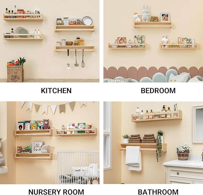 Heimlove Nursery Floating Shelves, Solid Wood Nursery Book Shelves for Wall, 24 inch Bookshelf for Kids for Books, Wall Mounted Shelves for Toys and Decor Storage, Set of 3 (Natural)