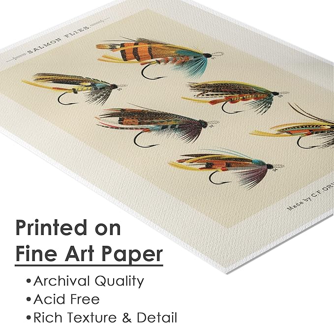 DREAM BIG PRINTABLES Vintage Fly Fishing Decor (Set of 4) - Unframed - 11x14 | Great Gift for Fisherman - Reproductions of Vintage Fishing Lure Art Prints - Rustic Decor