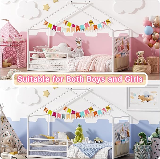 Weehom Twin Montessori House Bed for Kids with Storage Caddy and Pegboard, Floor Bed for Toddlers Boys Girls, No Box Spring Needed White