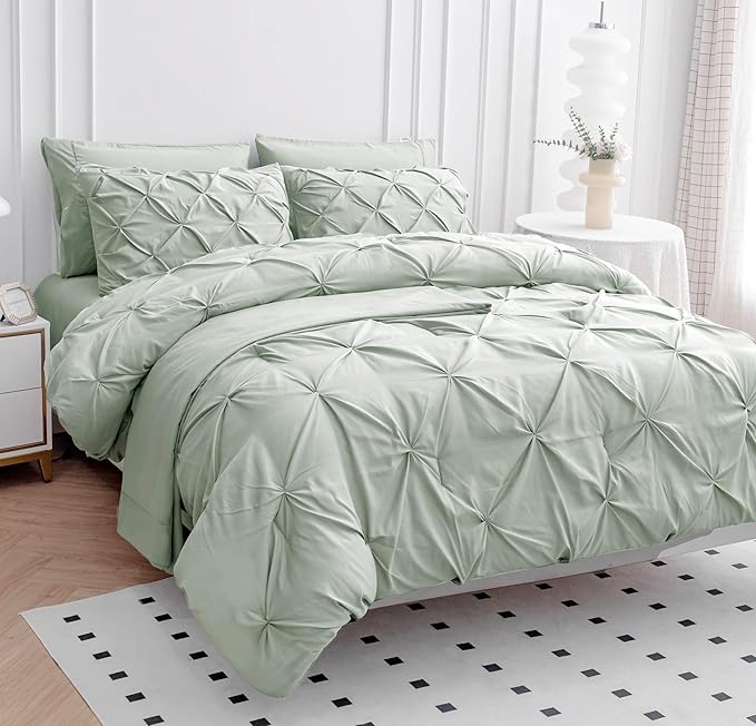 LANE LINEN Twin Comforter Set, 5 Piece Twin Bedding Sets, Ultra Soft Pintuck Twin Bed in a Bag Set with Down Alternative Comforter, Sheets, Pillowcase & Sham, Pinch Pleated Kids Bedding Set - Mineral