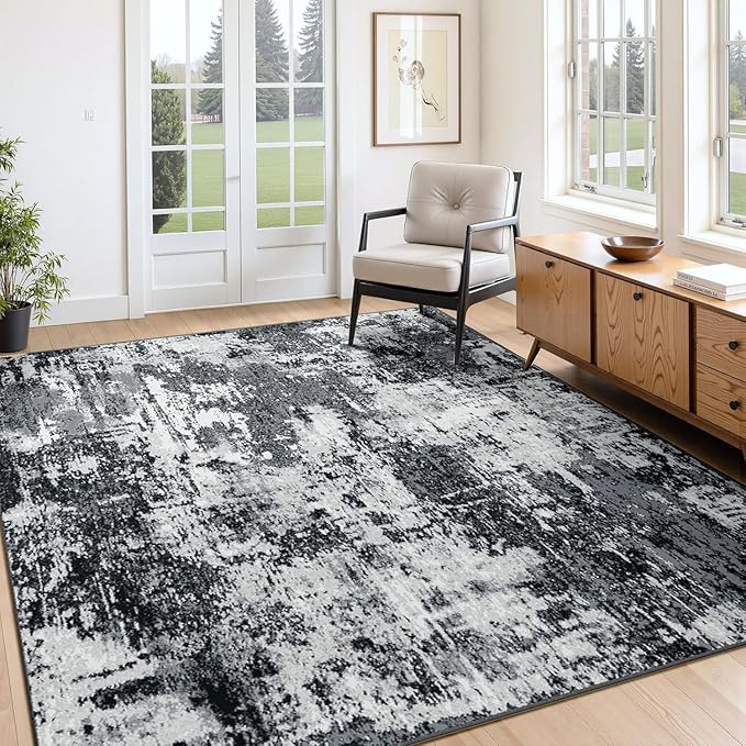 Washable Area Rugs7'x9' Non-Slip Modern Abstract Soft for Living Room Entryway Bedroom Nursery, Print Pattern, Black Gray