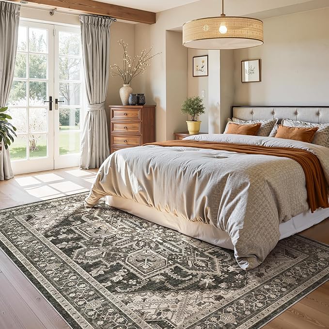 WITSHOCK Black Living Room Area Rugs 5x8: Washable Rug Boho Soft Low Pile Stain Resistant Foldable Carpet for Foyer Entryway, Bedroom Playroom Dining Room Office Kitchen Farmhouse Modern Rug