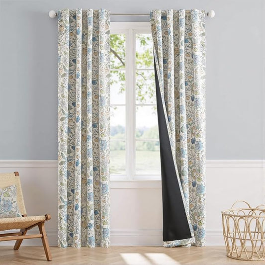 Vangao Blue Nursery Curtains for Kids Room Floral Blackout Dorm Curtains 84 Inch Length Farmhouse Drapes for Bedroom Room Darkening Flower Patterned Window Treatment for Kids Set of 2
