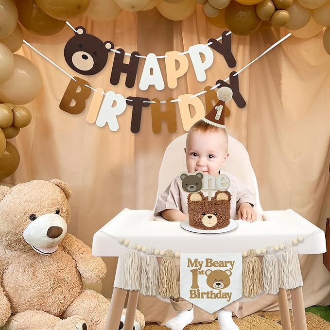 Bear 1st Theme First High Chair Banner For 1st Birthday Party Decorations With One Cake Topper